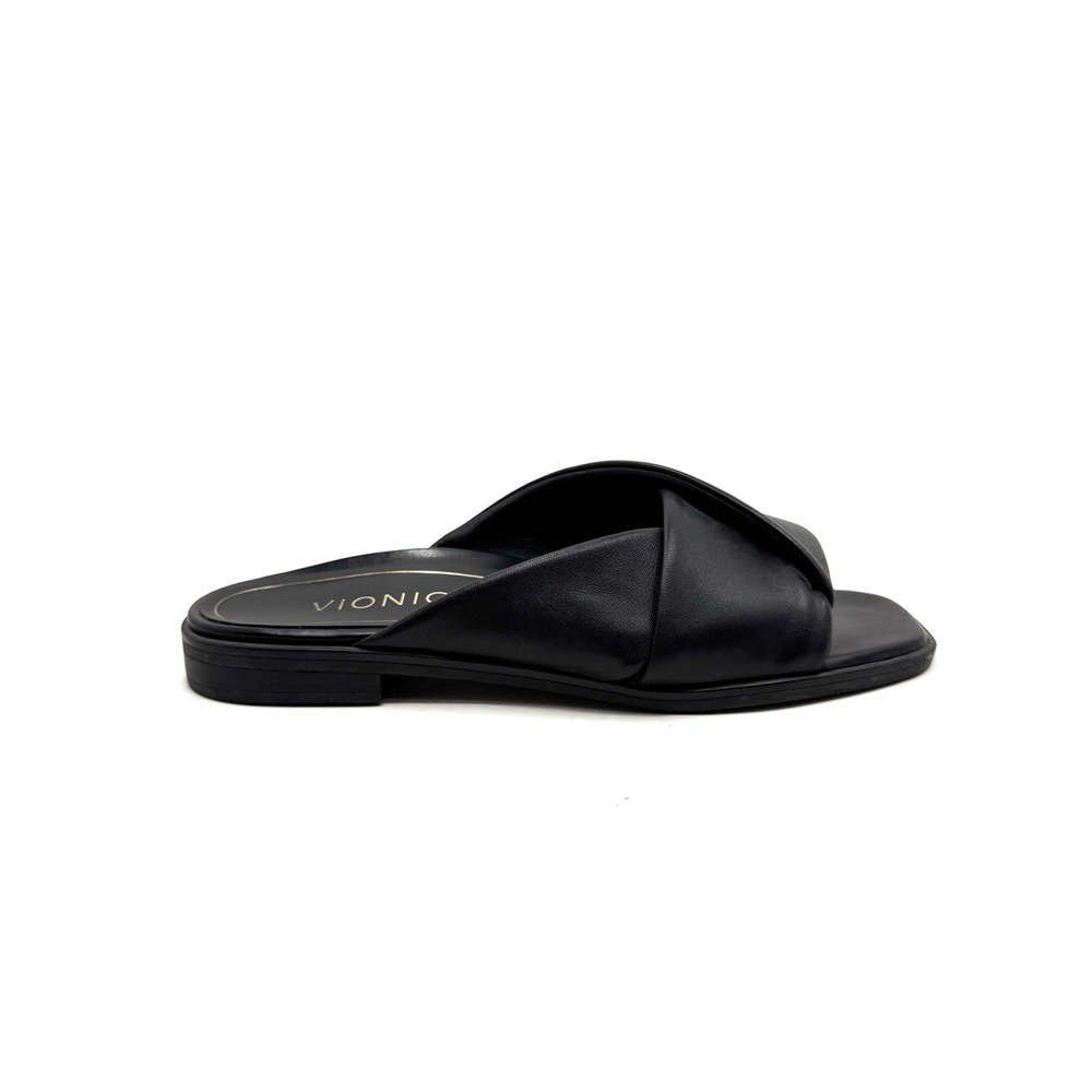 Vionic | Miramar Black Leather Square Toe Crossover Slide Sandals Size 7